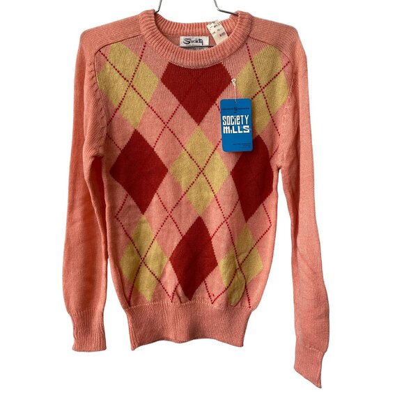 Vintage 70s Society Mills Argyle Sweater Size Small Long Sleeve Deadstock NEW - Picture 1 of 6